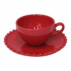 Rubínovočervená kameninová šálka na čaj s tanierikom Costa Nova Pearlrubi, 250 ml