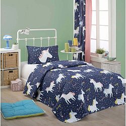 Set prehozu cez posteľ a obliečky na vankúš s prímesou bavlny Eponj Home Magic Unicorn Dark Blue, 160 x 220 cm