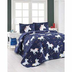 Set prešívaného prehozu a 2 obliečok na vankúše Eponj Home Magic Unicorn Dark Blue, 200 x 220 cm